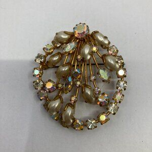 Vtg AUSTRIA ? faux pearl rhinestone crystal aurora borealis brooch
